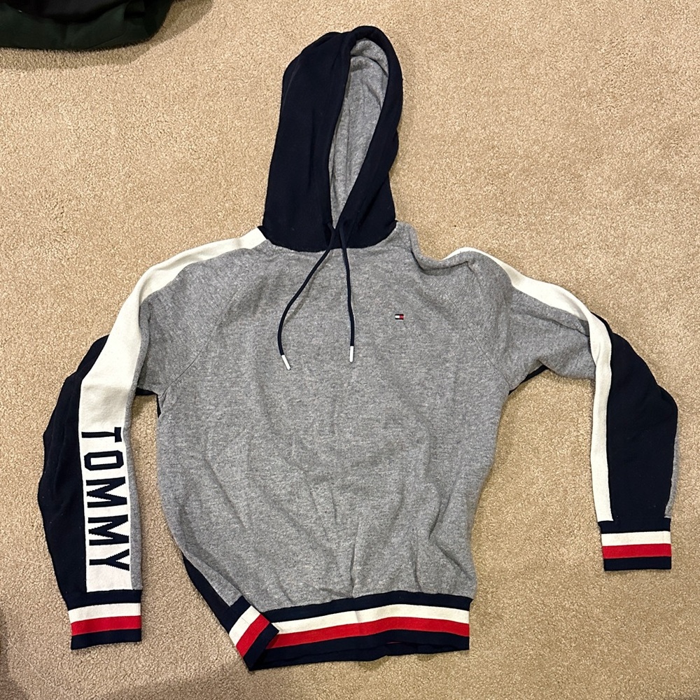 Tommy Hilfiger Knitted Gray and Blue Hoodie with Stripes